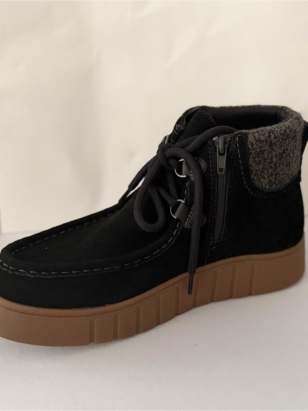 Clarks Women's Black Suede Lace-Up Ankle Boot with Brown Sole
